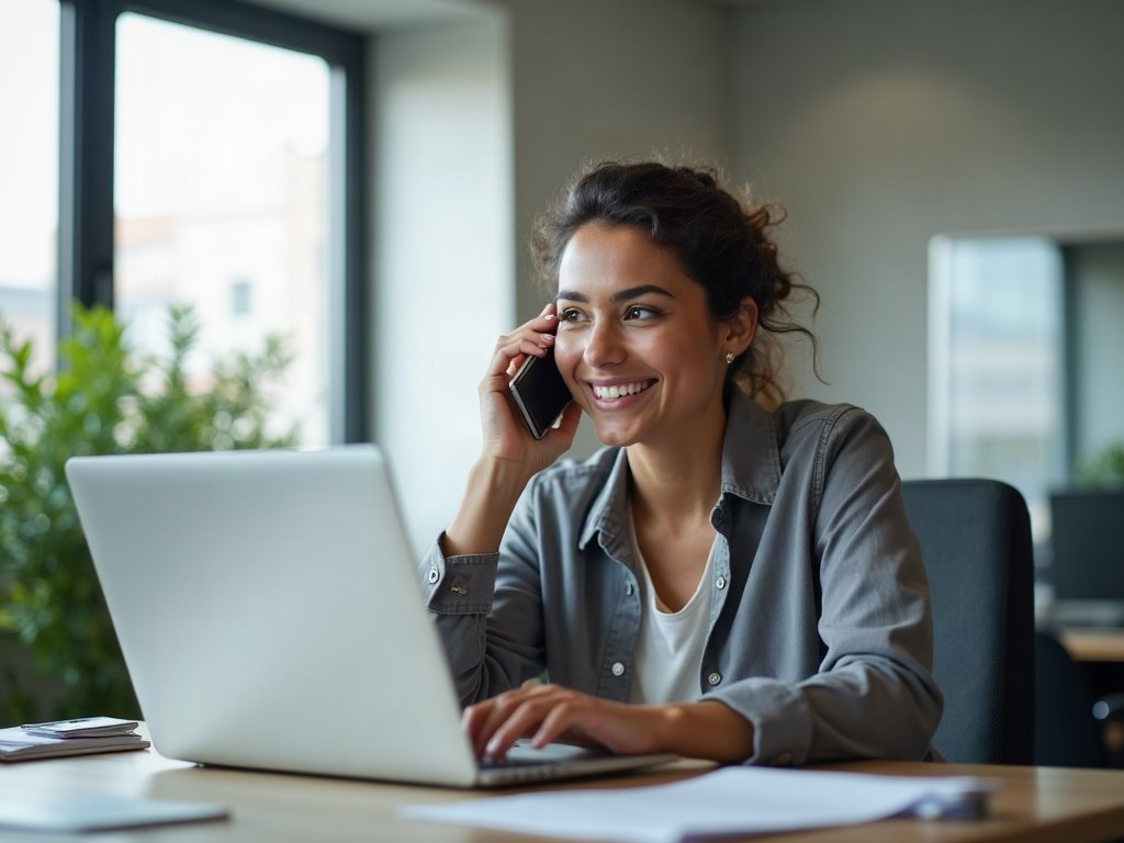 A business owner on a call at their desk, with the agent handling the rest